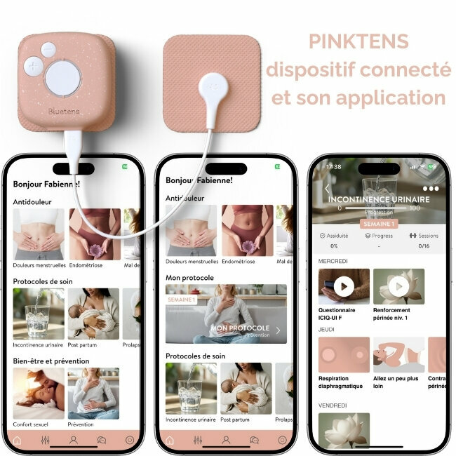 Rélié à des électrodes, il se connecte en bluetooth pour suivre les protocoles de soin : électrostimulation, exercices de Kegel Rélié à des électrodes, il se connecte en bluetooth pour suivre les protocoles de soin : électrostimulation, exercices de Kegel